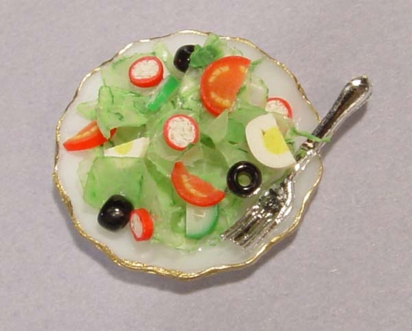 1\/12 scale Minature Salad on plate with fork | Stewart Dollhouse Creations